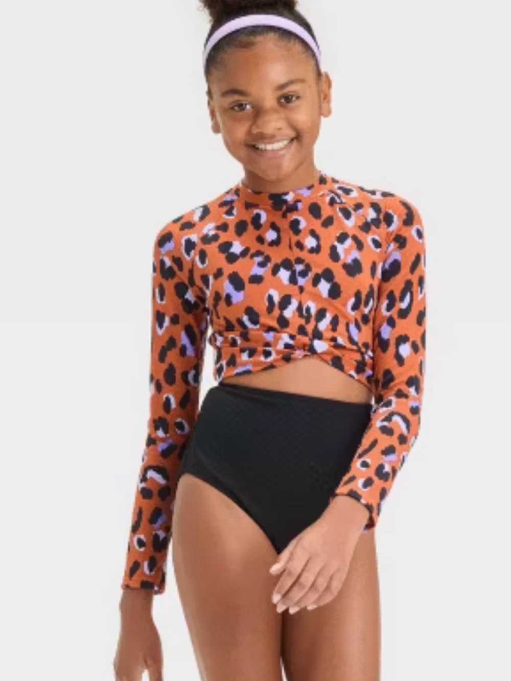 Girls' Cheetah Printed One Piece Swimsuit - art class XS Long Sleeve, UPF 50+